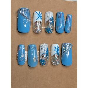 Handmade Winter Snowflake Frenchie Blue White & Silver Glitter Press On Nails